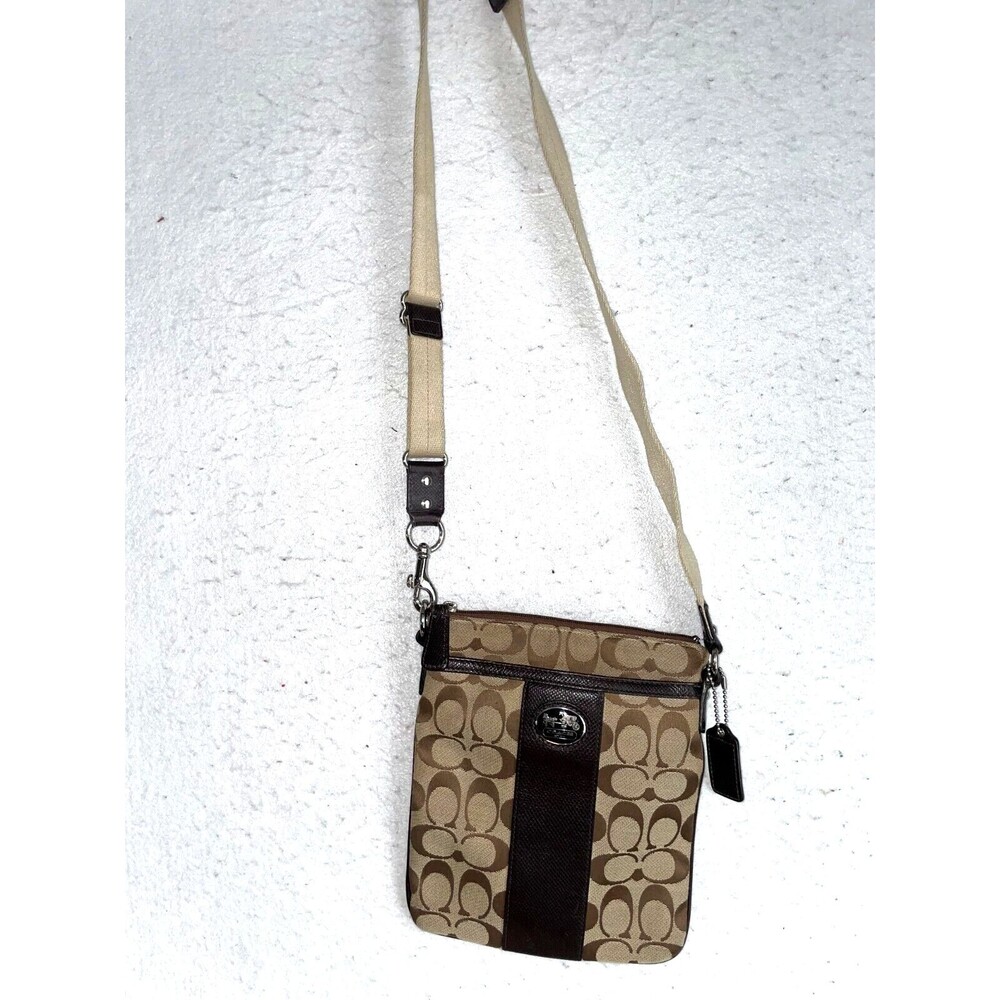 Coach Signature Crossbody Shoulder Bag Purse Jacquard Brown Tan Authentic